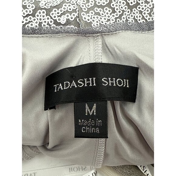 Tadashi Shoji Long-Sleeve Sequined Silver Midi Dress Draped‎ Back Detail Size M - Picture 7 of 9